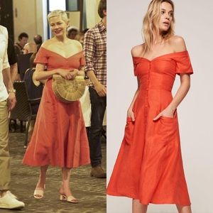 Reformation Red Mariposa Off Shoulder Linen Midi Dress 4